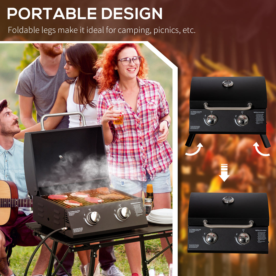 2 Burner Gas BBQ Grill Outdoor Portable Folding Tabletop Barbecue w/ Lid, Thermometer, Carbon Steel, Black