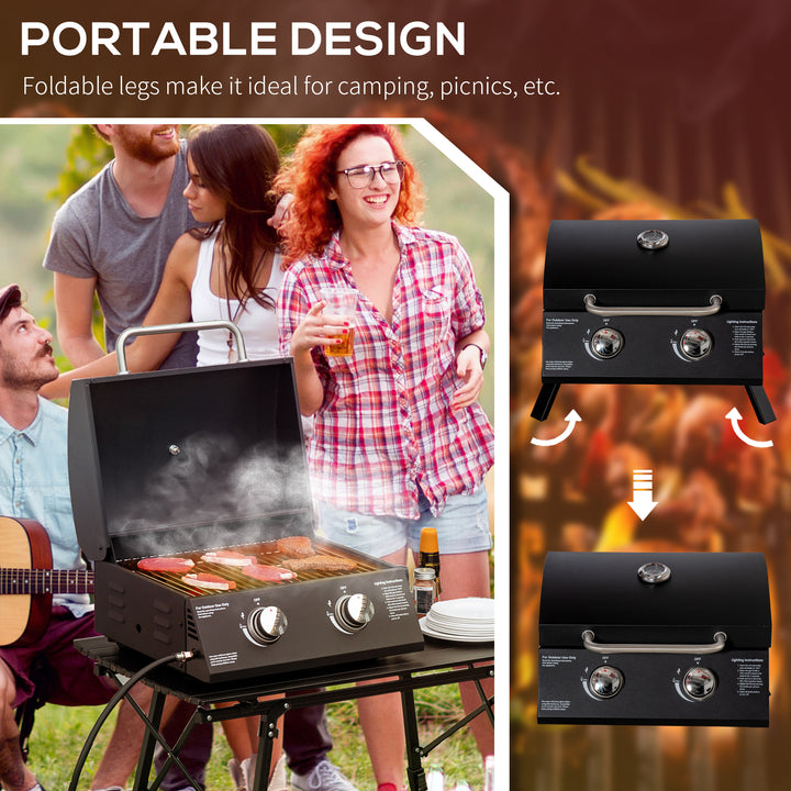 2 Burner Gas BBQ Grill Outdoor Portable Folding Tabletop Barbecue w/ Lid, Thermometer, Carbon Steel, Black