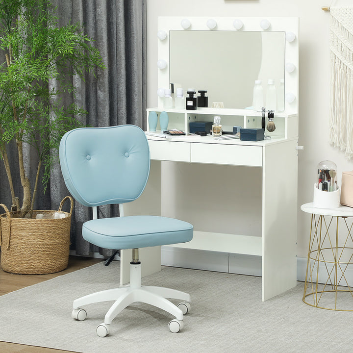 Vanity Office Chair, PU Leather Computer Chair for Home, with Adjustable Height, Armless, Swivel Wheels, Blue