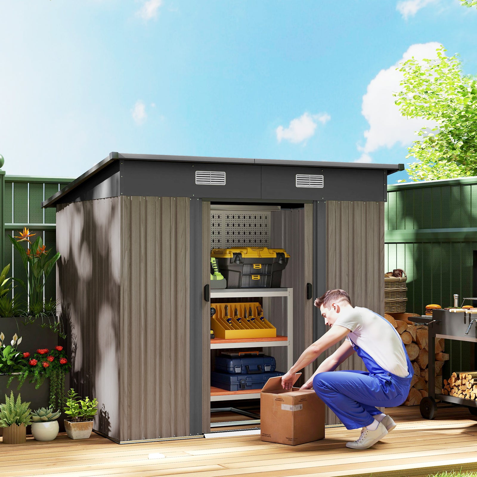 4 x 7ft Metal Shed - Grey Wood-Effect
