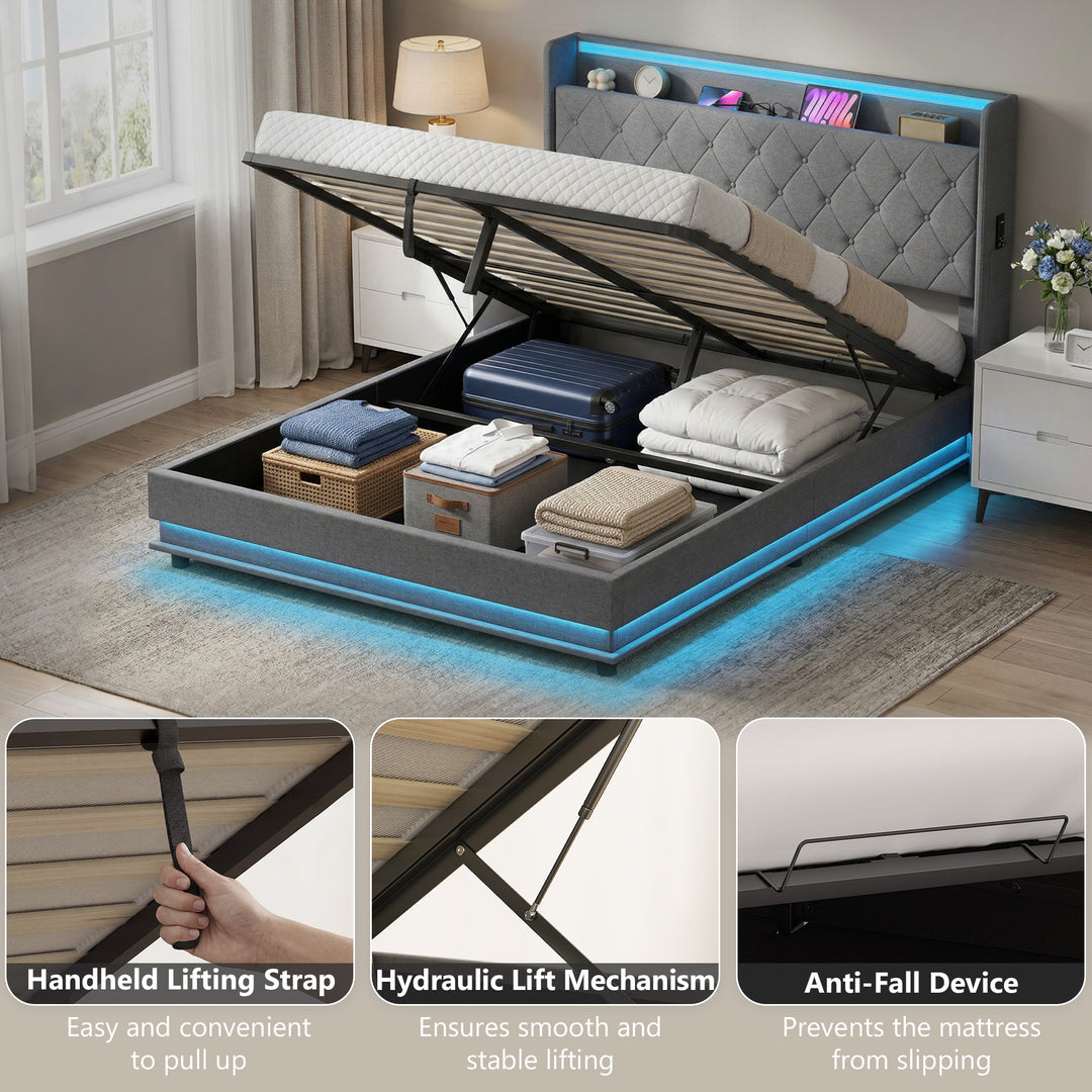 5ft King Bed Frame with Headboard, Platform Bed Frame with Hydraulic S
