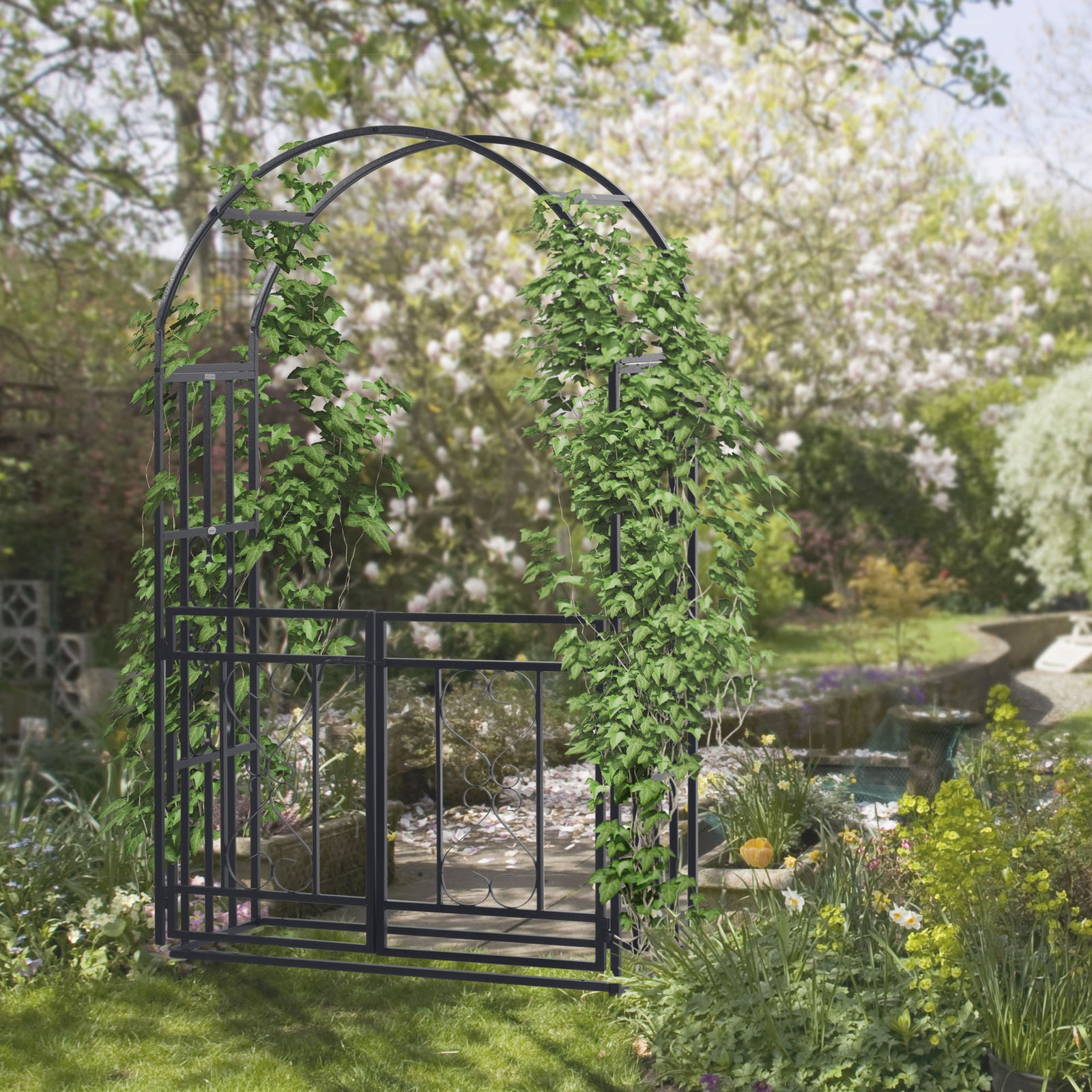 Outdoor Garden Arch with Double Gates, Metal Garden Arbor for Climbing Plants, Roses, Vines, Wedding Arch for Outdoor, 114L x 50W x 206H cm, Dark Grey