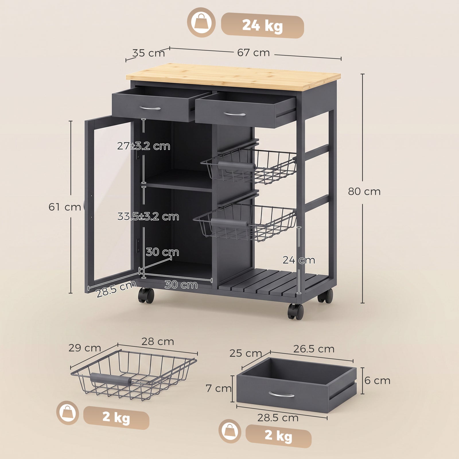 Bamboo Kitchen Island, Rolling Kitchen Trolley with Glass Door, 2 Meta