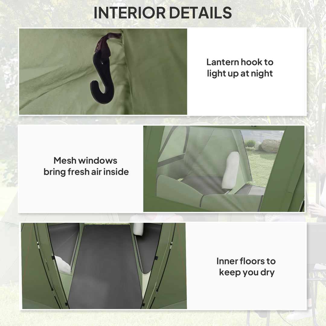 3 Man Camping Tent with Living Area and 2 Bedrooms, 3000mm Waterproof Family Tent with Sewn-in Groundsheet and bag, Portable Dome Shelter for Hiking, Festival, Backpacking, Green