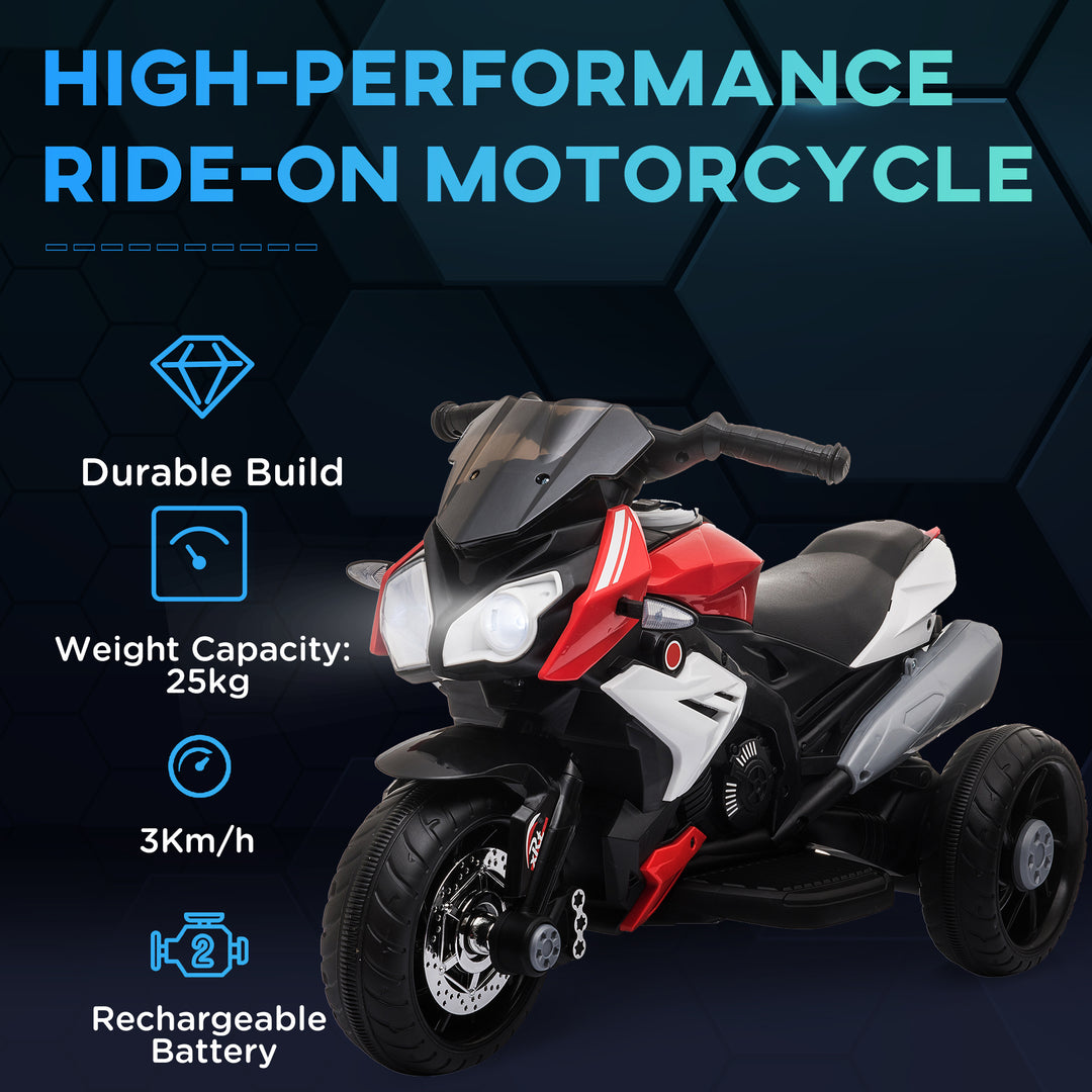 Kids Electric Motorcycle Ride-On Toy, with Three Wheels, Music, Horn, Lights, Red