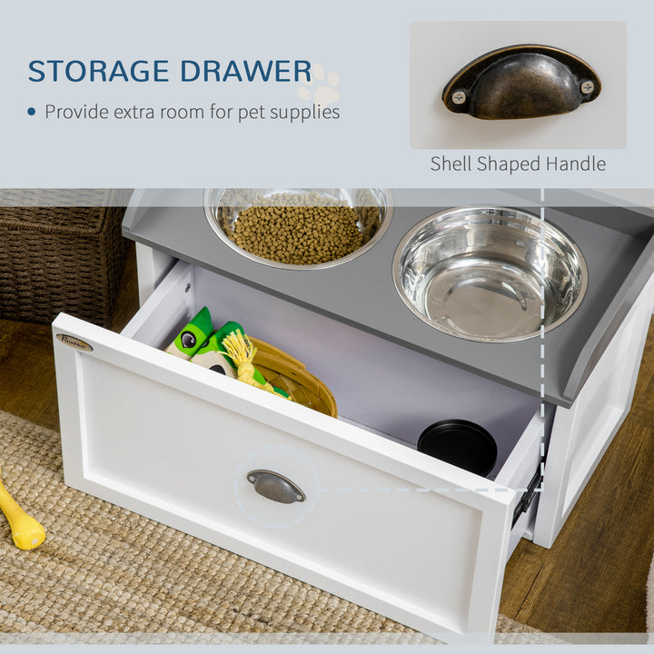 PawHut Stainless Steel Raised Dog Bowls with 21L Storage Drawer for Large Dogs and Cats - White | Aosom UK