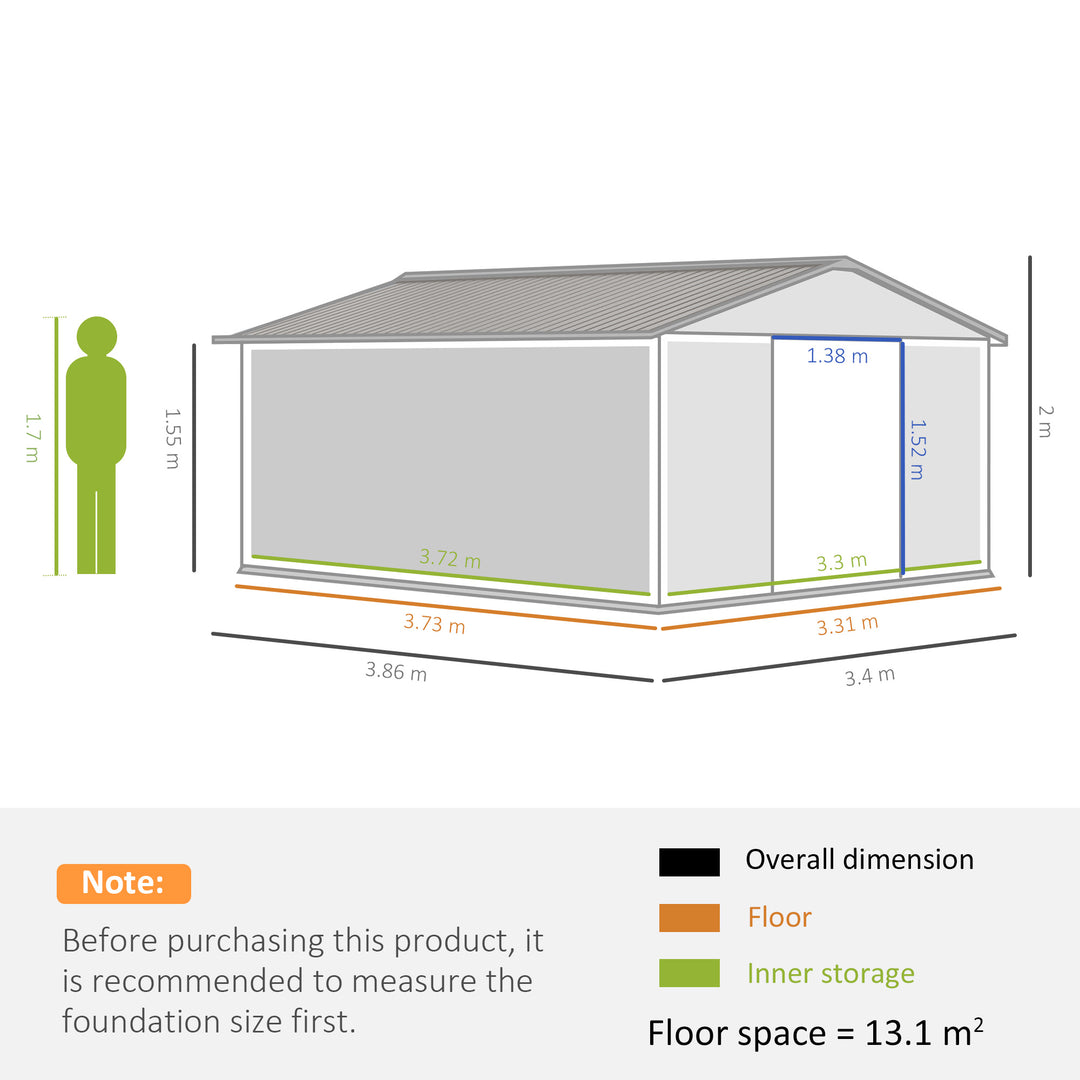 Outsunny 13 x 11ft Garden Metal Storage Shed Outdoor Storage Shed with Foundation Ventilation & Doors, Light Grey