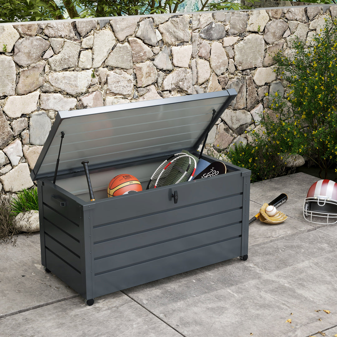 Outsunny 331 Litre Garden Storage Box, Waterproof Outdoor Storage Box with Wheels and Handles, Lockable Galvanised Steel Outside Deck Box Organiser for Tools, Cushions, Dark Grey