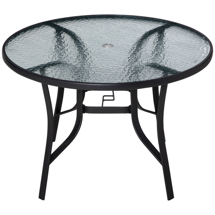 Outsunny 106cm Round Garden Dining Table with Parasol Hole Tempered Glass Top Steel Frame | Aosom UK