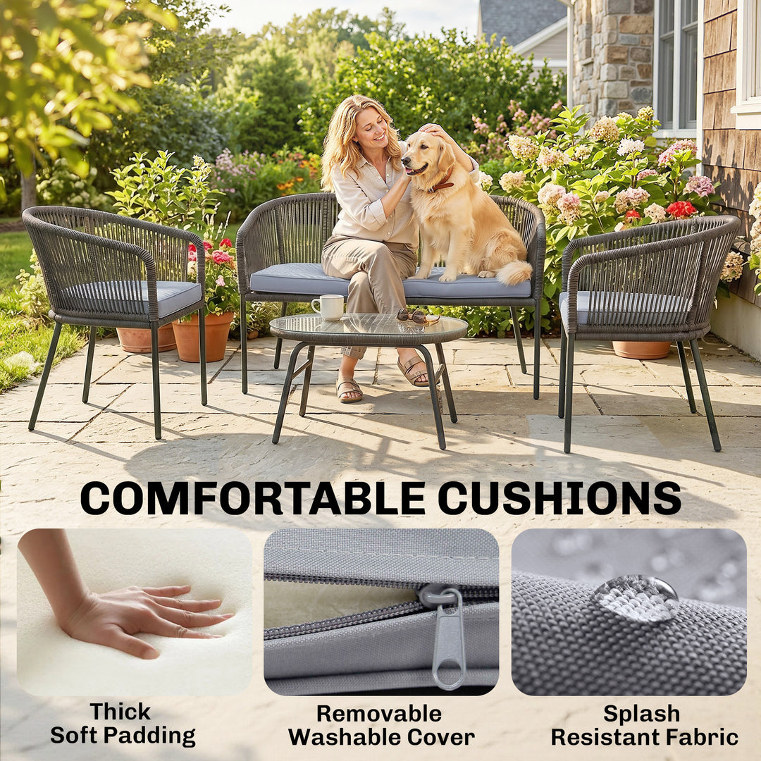 4 Piece Garden Furniture Set, Rope Garden Sofa Set with 1 Loveseat 2 C