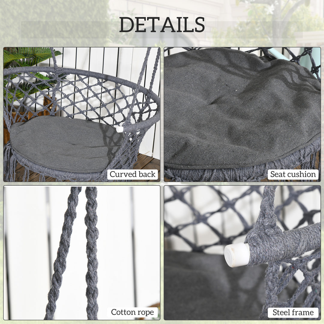 Outdoor Hanging Rope Chair with Cotton Rope, Cotton-Polyester Blend Macrame Garden Hammock Chair with Seat Cushion, Support Backrest, for Patio, Garden, Porch, Dark Grey