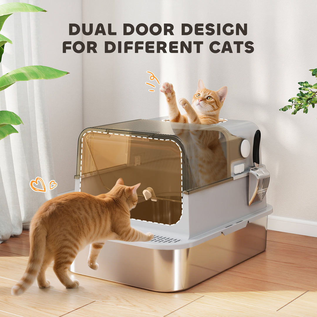 XXL Stainless Steel Cat Litter Tray, Enclosed Cat Litter Box with 90° Flip Cover, Double Doors, Scoop, Easy Clean