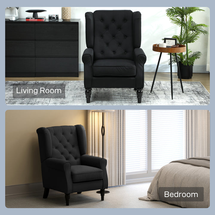 Retro Accent Chair, Linen Wingback Armchair with Wood Frame Button Tufted Design for Living Room Bedroom, Black