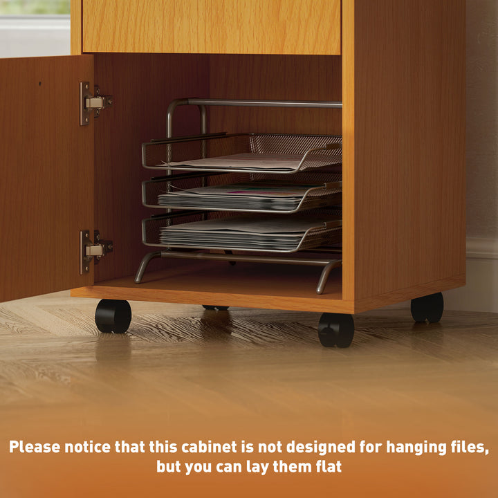 60cm Filing Cabinet with Drawer, Open Shelf, Metal Handles and 4 Wheels, Office Home Organiser Mobile Printer, Natural Wood Finish