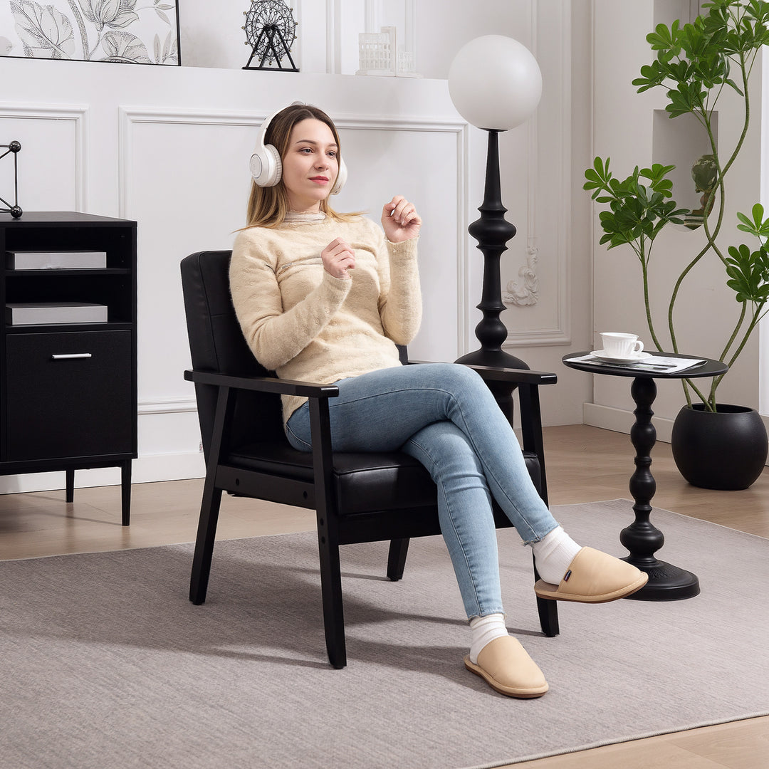 Retro-Style Accent Chair, with Faux Leather Seat - Black