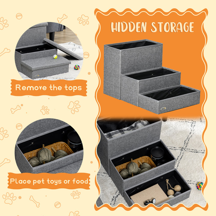3 Steps Pet Stairs, with Storage Boxes, for Bed, Couches - Grey