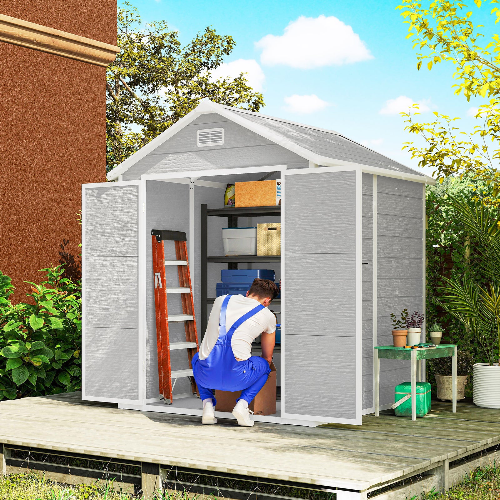 6 x 5ft Garden Shed, Plastic Shed with Floor, Window, Lockable Doors and Vents, Wood Effect Resin Tool Shed for Outdoor Patio, Light Grey