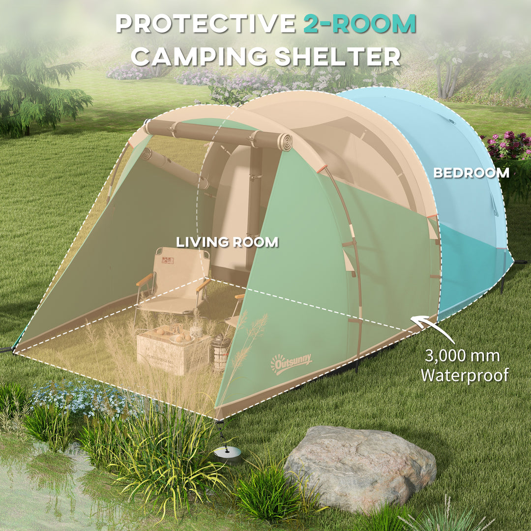 Three-Man, 3000mm Water-Resistant Two-Room Tunnel Tent - Green