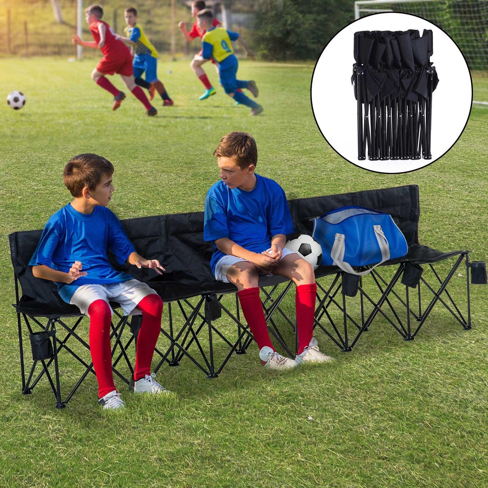 6 Seater Folding Camping Chair with Cup Holder & Carry Bag - Black
