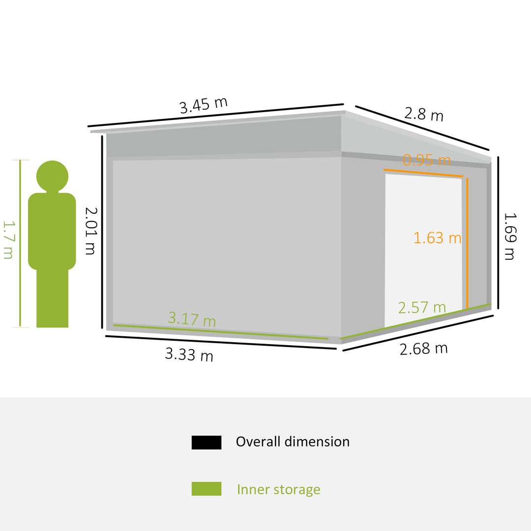 Outsunny 11 x 9 ft Metal Garden Storage Shed Sloped roof Tool House with Double Sliding Doors and 2 Air Vents, Grey