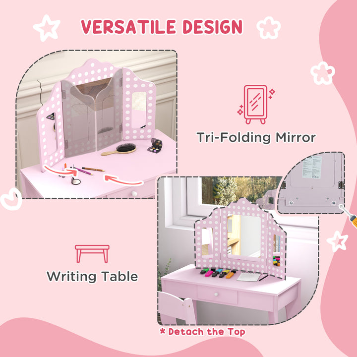 AIYAPLAY Kids Dressing Table Sets with Stool and Tri-Fold Mirror, Drawer for Playroom, Bedroom - Pink | Aosom UK