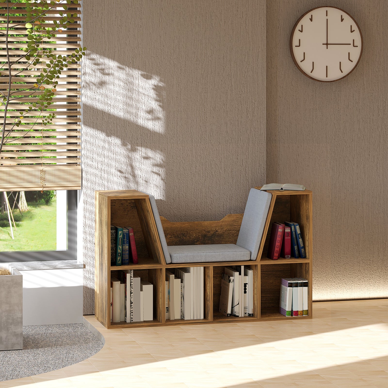 Bookcase Storage Shelf with Cushioned Reading Seat, Cube Bookshelf Organizer for Bedroom Living Room, Rustic Brown