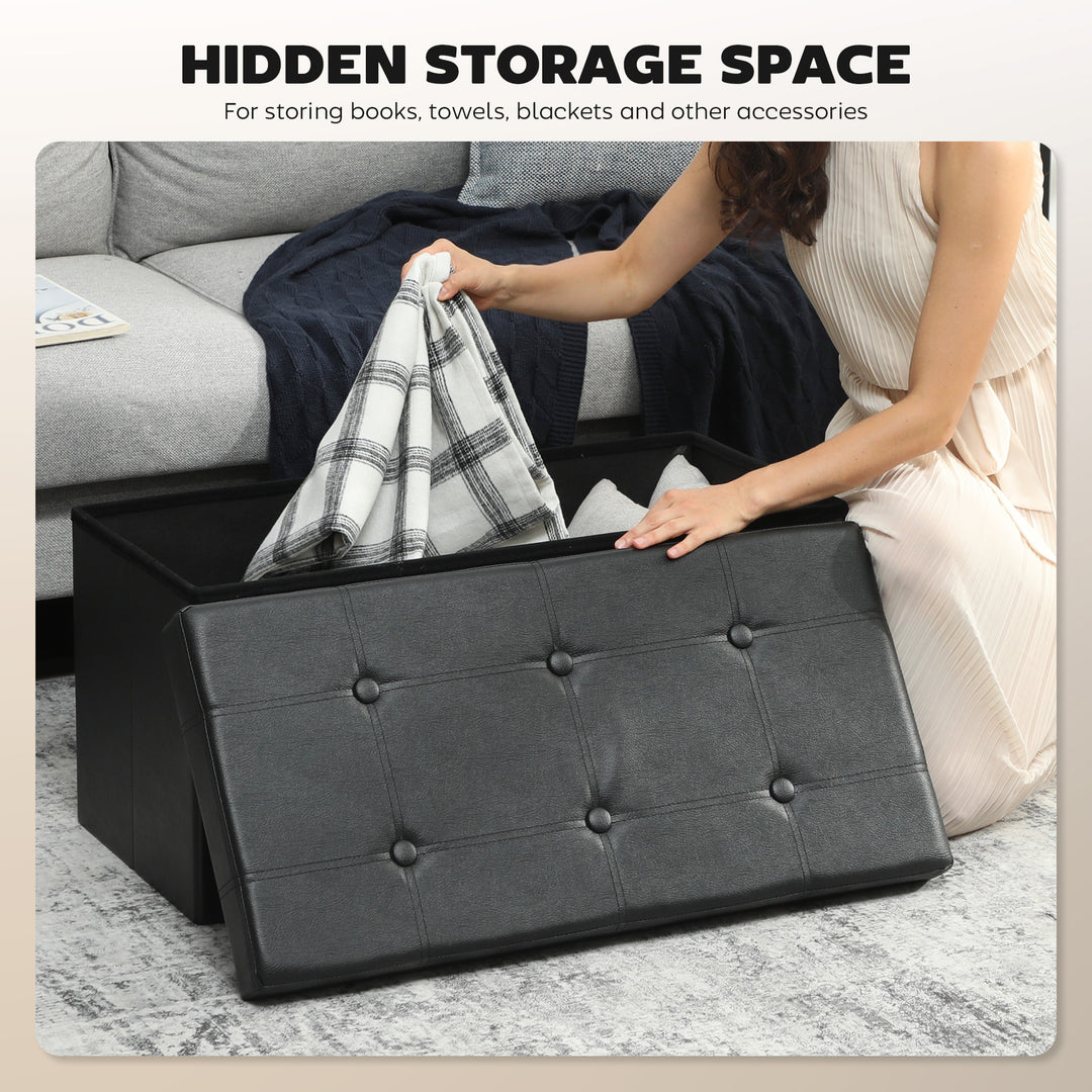 MCL Storage Ottoman Bench, 89L PU Leather Folding Foot Rest Stool, End of Bed Bench, Easy Assembly, for Living Room, Bedroom, Entryway, Black