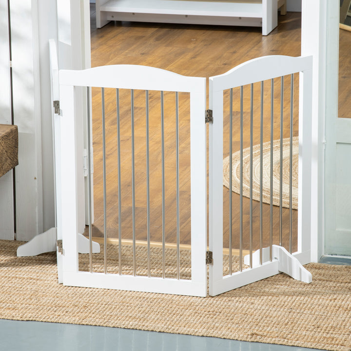 Foldable Dog Gate, Freestanding Pet Gate, with Two Support Feet, for Staircases, Hallways, Doorways - White