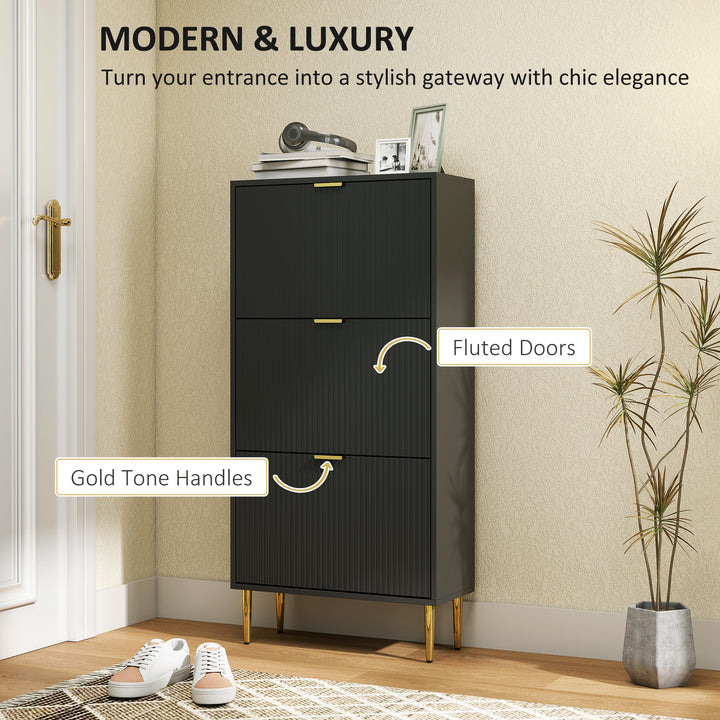 Narrow Shoe Cabinet with 3 Flip Drawers - Black