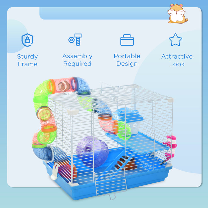 2 Tier Hamster Cage, Gerbil Cage with Handle, Exercise Wheels, Tunnel, Tube, Water Bottle, Dishes, Ladder, for Dwarf, Blue