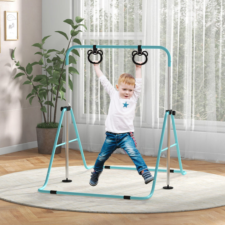 Adjustable Height, Foldable Kids Gymnastics Bar w/ Non-slip Rubber Floor Rings, for 3+ Years