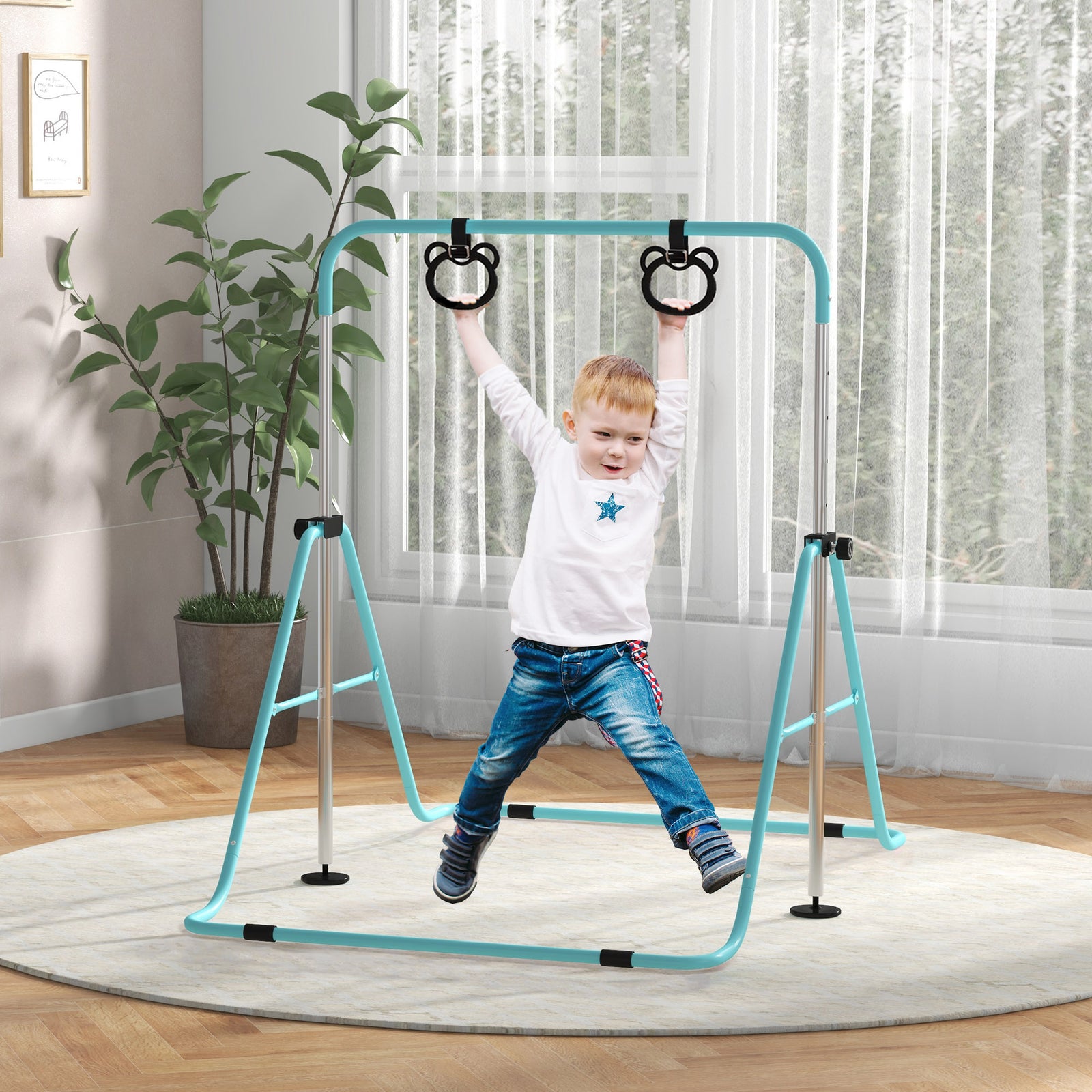 Adjustable Height, Foldable Kids Gymnastics Bar w/ Non-slip Rubber Floor Rings, for 3+ Years, Green
