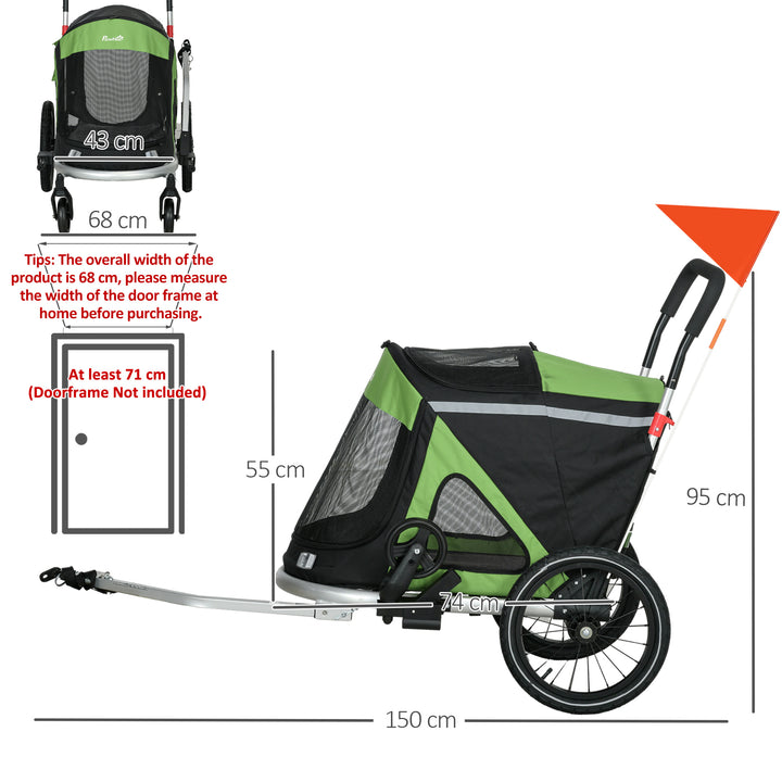 PawHut 2-in-1 Dog Bike Trailer & Pet Stroller, Aluminium, Foldable, for Medium Dogs, with Safety Flag, Green | Aosom UK