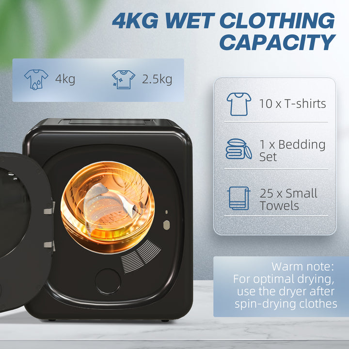 4kg Vented Tumble Dryer with Deodorize, Smart Mode, 800W Compact Tumble Dryer with Stainless Steel Tub, Front Load, for Flat, Home, RVs, Black