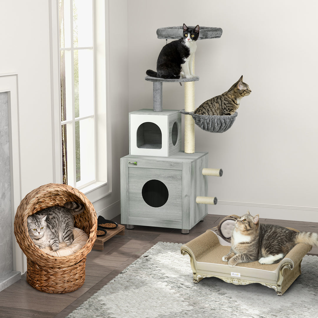 Enclosed Cat Litter Box with Cat House, Cat Bed, Scratching Posts, Platforms, for Indoor Cats - Grey