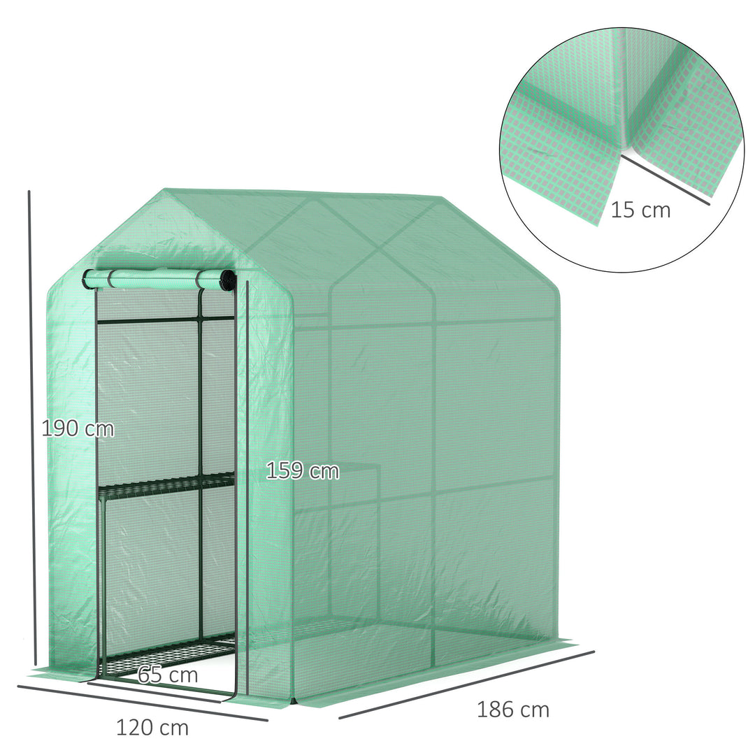 120 x 186cm Walk-In Greenhouse, with Shelves - Green