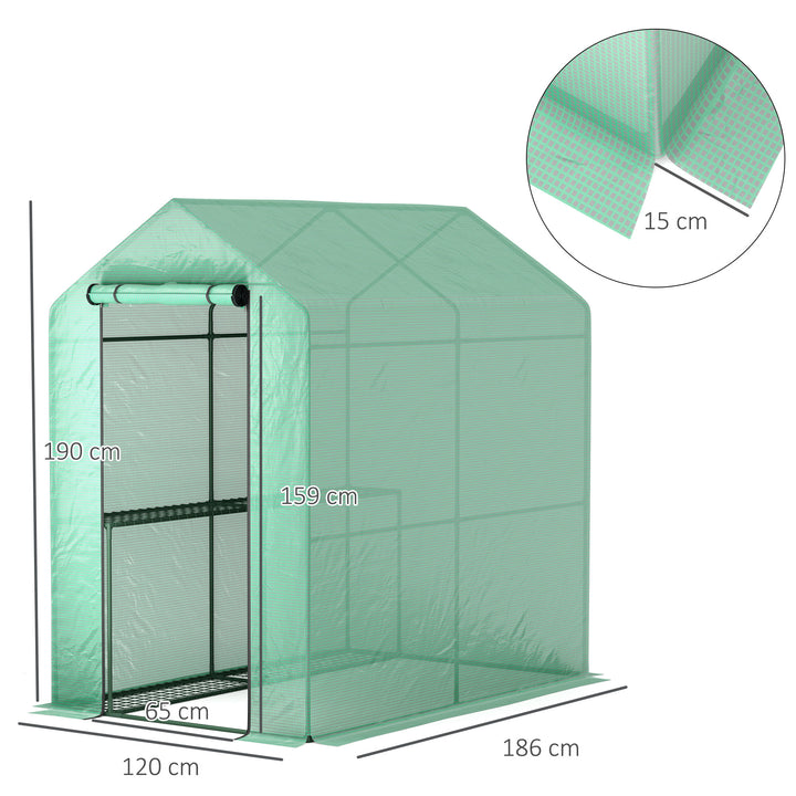 120 x 186cm Walk-In Greenhouse, with Shelves - Green
