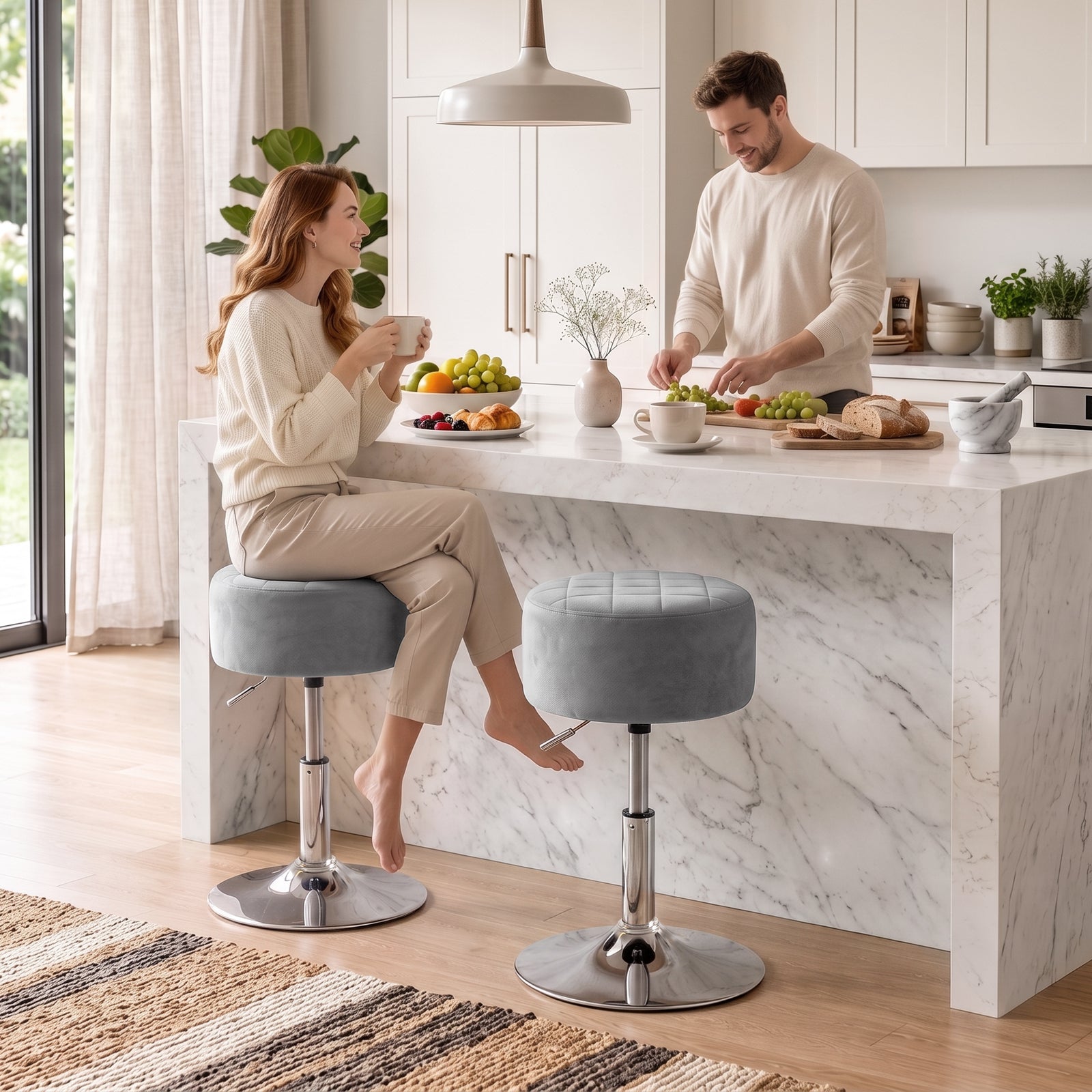 Bar Stool Adjustable Swivel Chair Velvet-Feel Seat 1 Piece, Grey