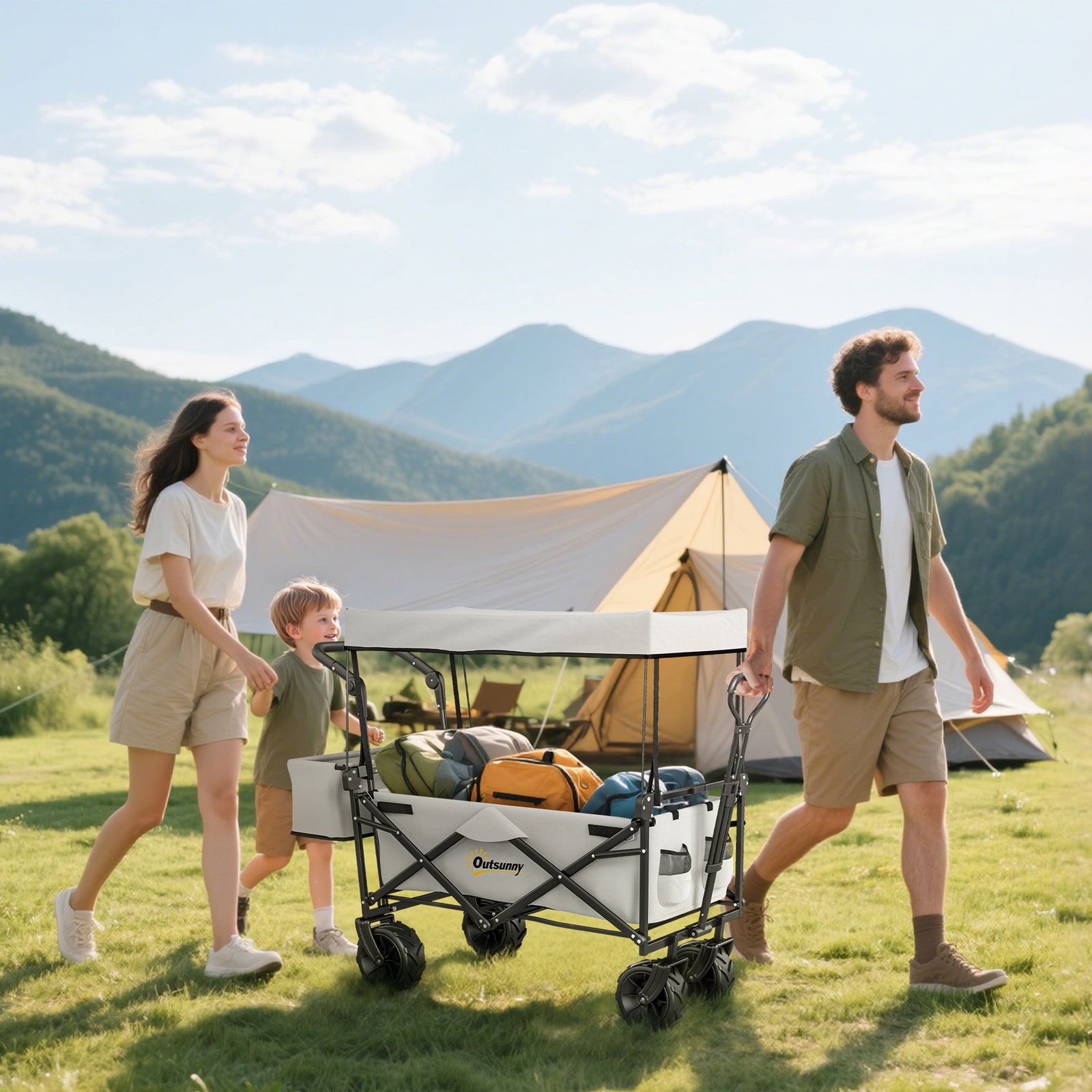 Folding Trolley Cart Storage Wagon Beach Trailer 4 Wheels with Handle Overhead Canopy Cart Push Pull for Camping, Grey