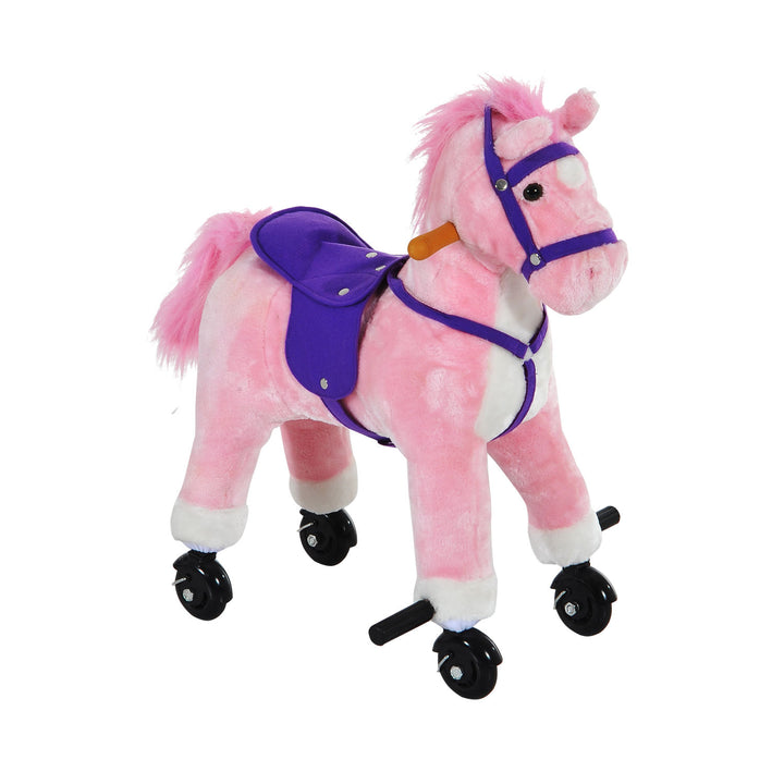 HOMCOM Rocking Steed: Plush Pink Toy with Rolling Wheels & Sound Effects for Toddlers, Blush Pink | Aosom UK