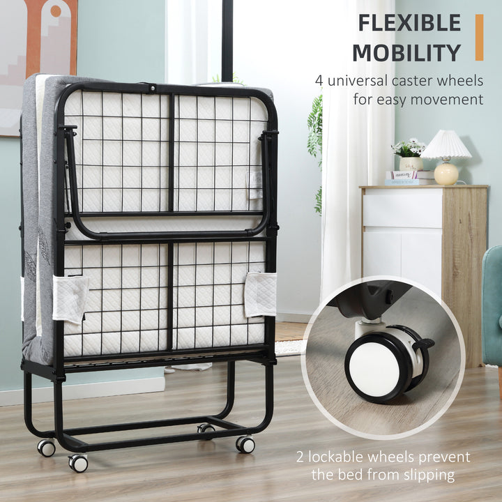 MCL Folding Bed with 10cm Mattress, Portable Foldable Guest Bed with Sturdy Metal Frame on Wheels