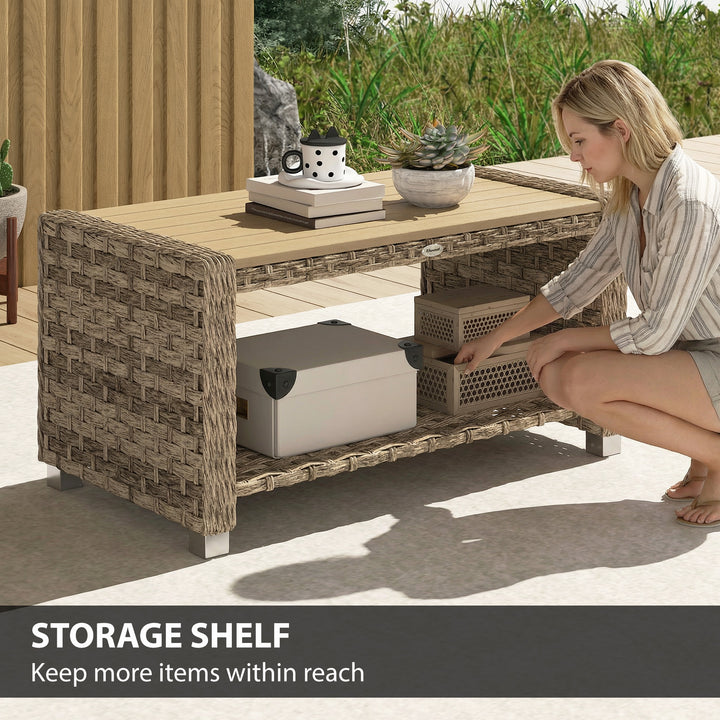 Outdoor Coffee Table with Storage Shelf, PE Rattan Side Table with Sla