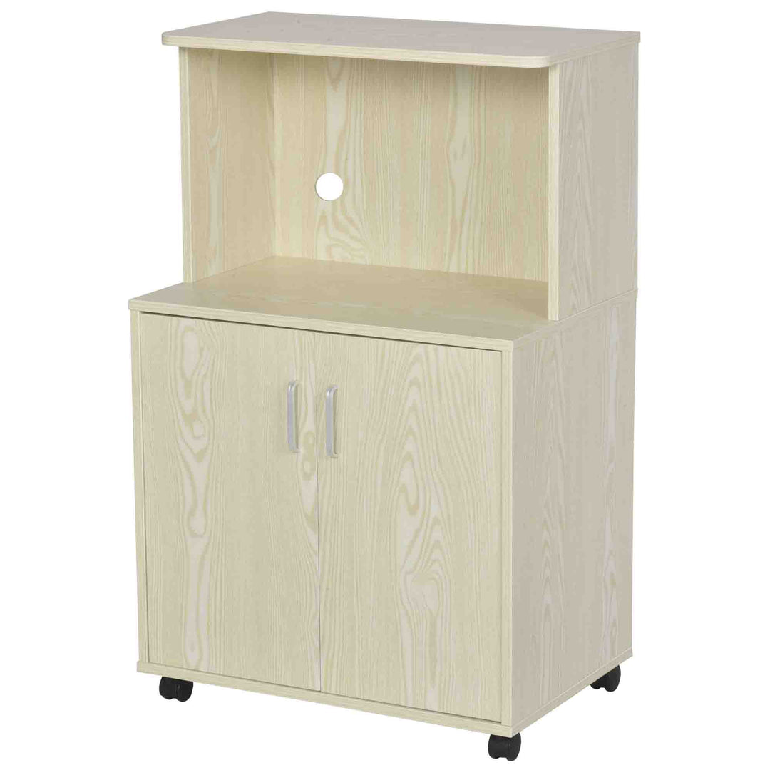 Kitchen Storage Unit, Modern Microwave Stand Trolley Cart, Sideboard with Cabinet, Locking Wheels, Shelf for Living Room, Dining Room, Oak Tone