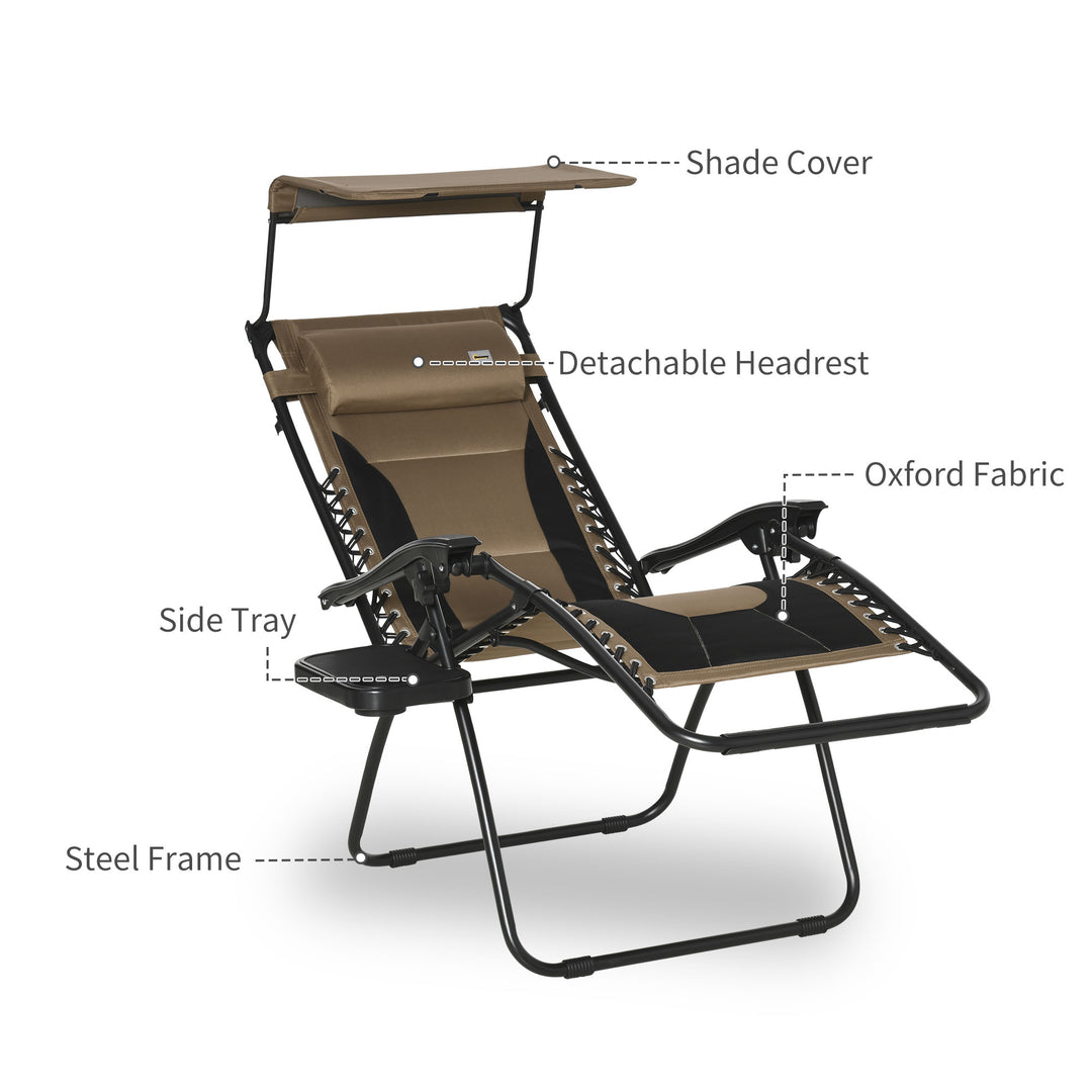 Zero Gravity Lounger Chair, Folding Reclining Patio Chair with Shade Cover, Padded Seat, Cup Holder, Soft Cushion and Headrest for Poolside, Camping, Coffee