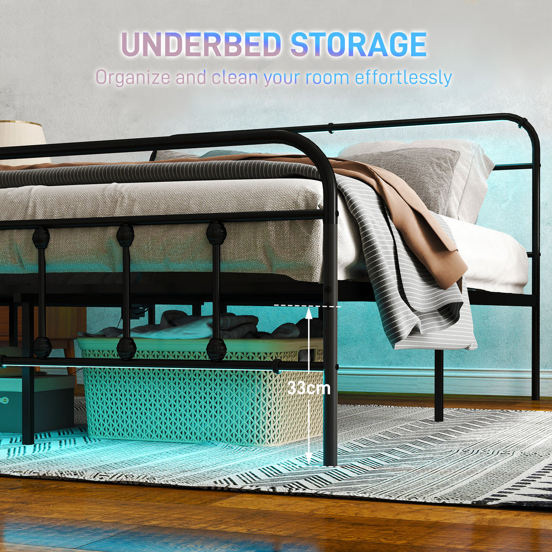 Double Bed Frame with LED Lights and Charging Station, Metal Platform Bed Frame with Under Bed Storage, Black