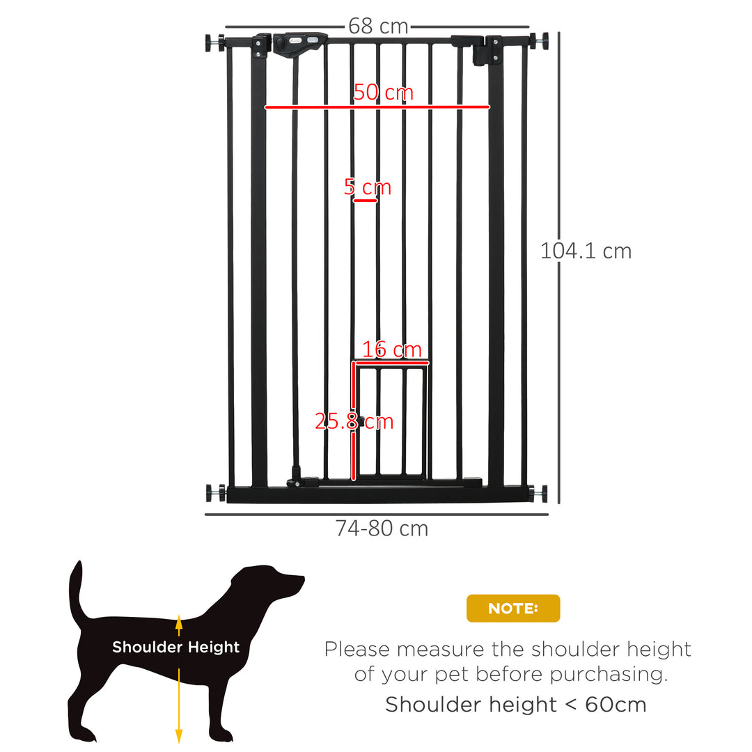 PawHut Extra Tall Dog Gate with Cat Door, Pet Safety Gate for Doorways Stairs with Auto Close Double Locking, 104H x 74-80W cm, Black | Aosom UK