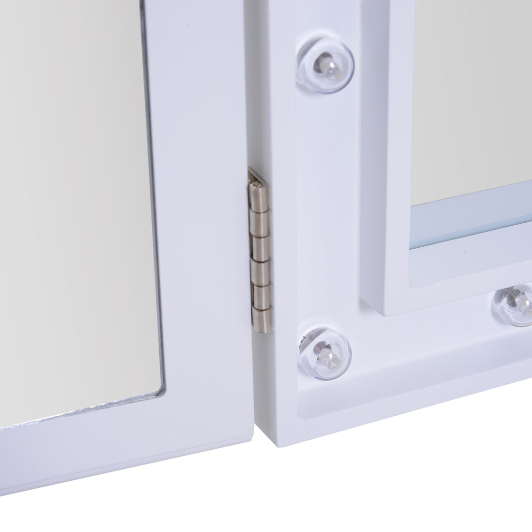 MCL Trifold Freestanding Mirror, Lighted Tabletop Vanity Mirror Large Cosmetic w/16 LED Lights powered by batteries Foldable For Bedroom- White