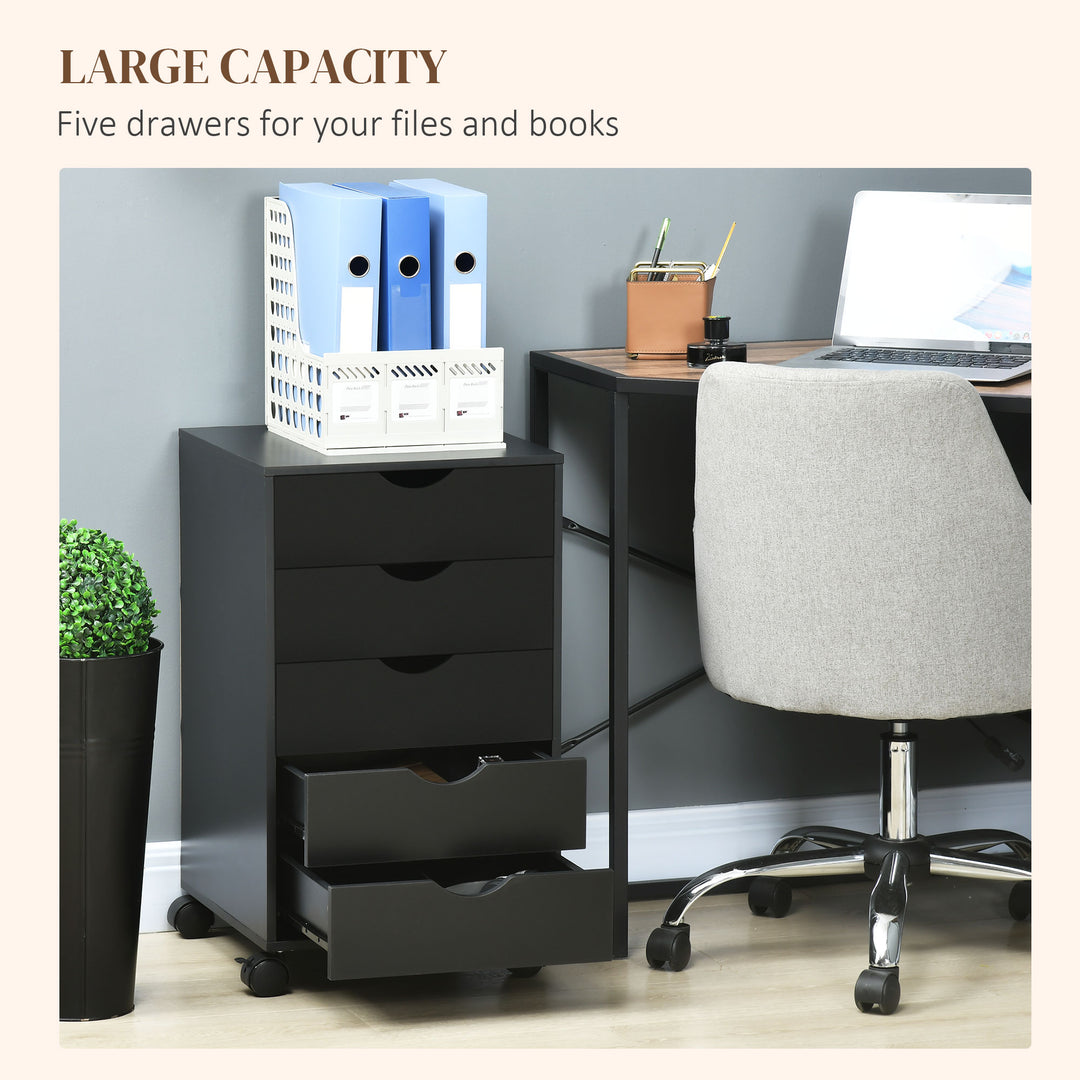 5 Drawer Mobile Filing Cabinet, Vertical File Cabinet, Modern Rolling Office Storage Organizer Cupboard, Black