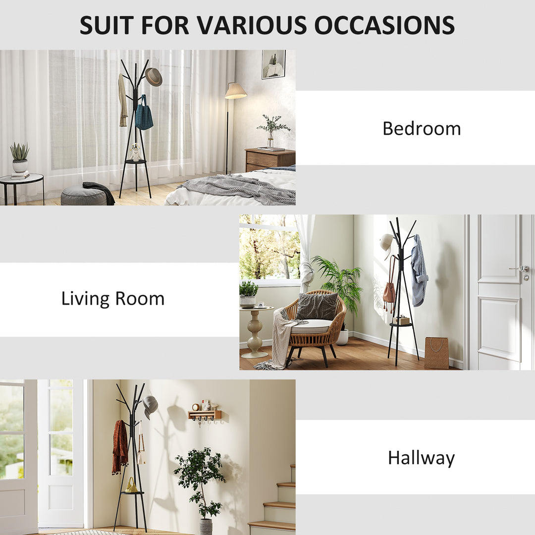 MCL Freestanding Metal Coat Rack Stand 9 Hooks Clothes Tree with 1 Shelf Hat Display Hall Tree Hanger Bag Umbrella Hanging Organiser Black