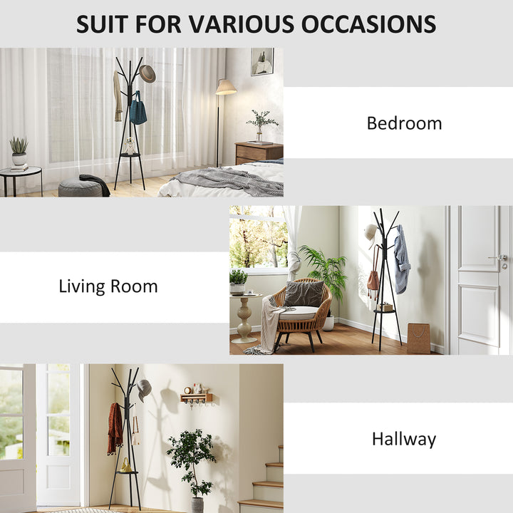 MCL Freestanding Metal Coat Rack Stand 9 Hooks Clothes Tree with 1 Shelf Hat Display Hall Tree Hanger Bag Umbrella Hanging Organiser Black